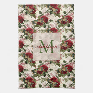 Linge De Cuisine Dragonflies de crème et Monogramme Rose
