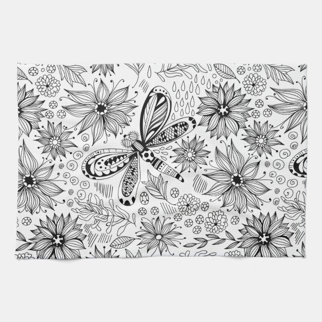 Linge De Cuisine Dragonfly et doodle de fleurs (Horizontal)