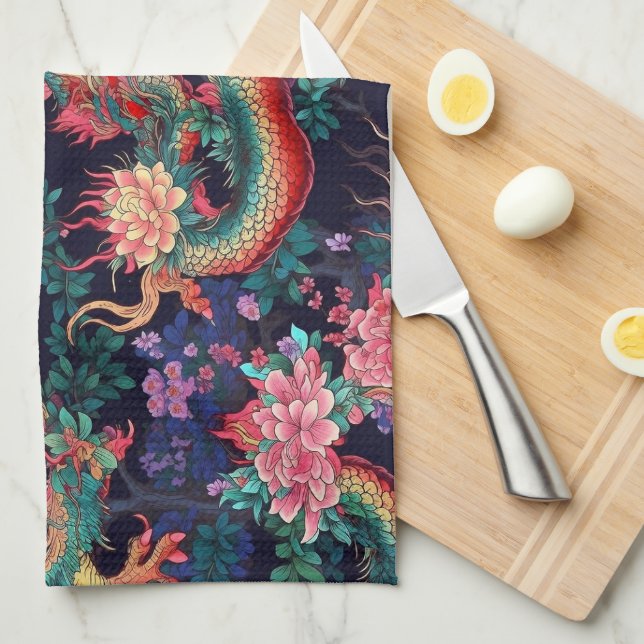 Linge De Cuisine Dragons et fleurs de néon (Quart Plié)