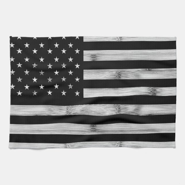 Linge De Cuisine Drapeau américain Bois rustique Noir Blanc Patriot (Horizontal)