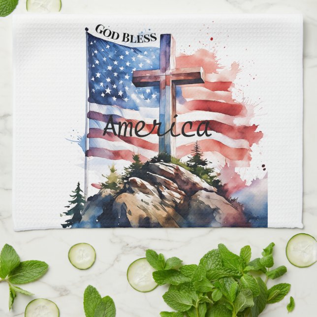 Linge De Cuisine Drapeau et croix "Dieu bénisse l'Amérique" (Plié)