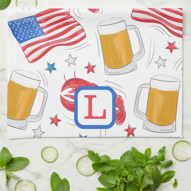 Linge De Cuisine Drapeau patriotique Beer Lobster Stars Monogramme (Plié)