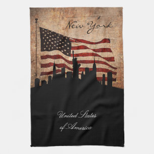 Linge De Cuisine Drapeau rustique américain New York Skyline