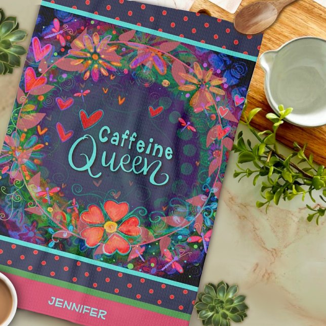Linge De Cuisine Drôle Caffeine Queen Citation Floral Nom du coeur (Créateur téléchargé)