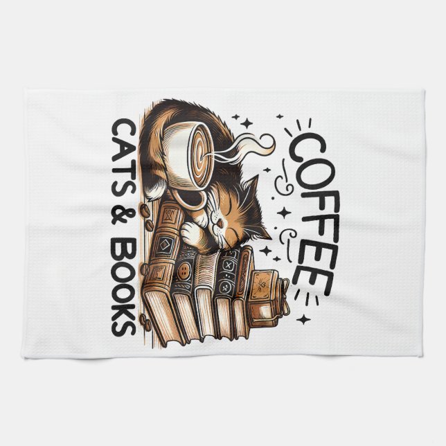 Linge De Cuisine Drôle Cute Coffee Cats Livres Lover Idea Cadeau Fe (Horizontal)