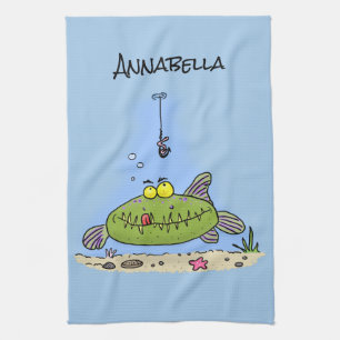 Linge De Cuisine Drôle gras affamé poisson vert dessin de pêche