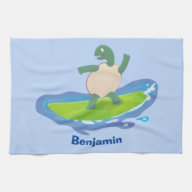 Linge De Cuisine Drôle tortue vague de surf dessin animé (Horizontal)