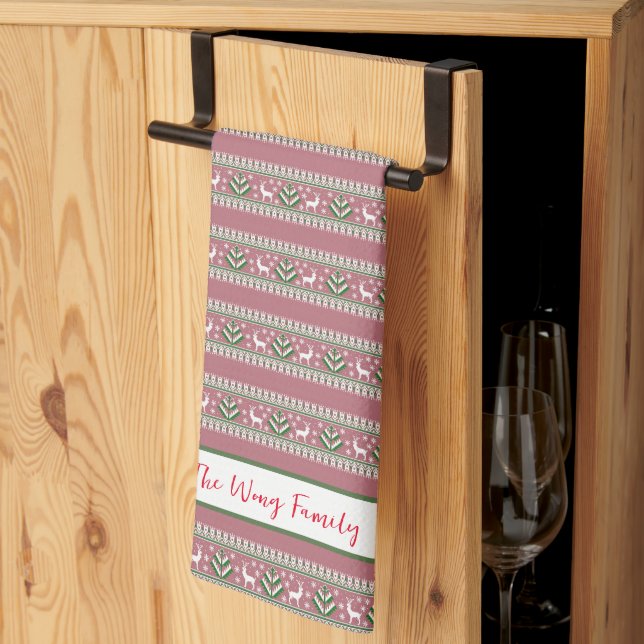 Linge De Cuisine Dusty rose vert et blanc Fair Isle Noël (Pliage en tiers)