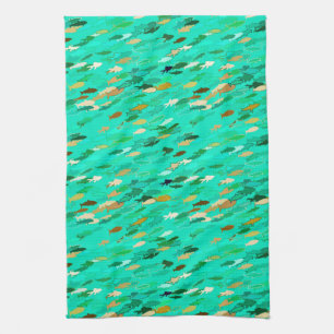 Linge De Cuisine École de Poisson, Aqua, Vert et Or