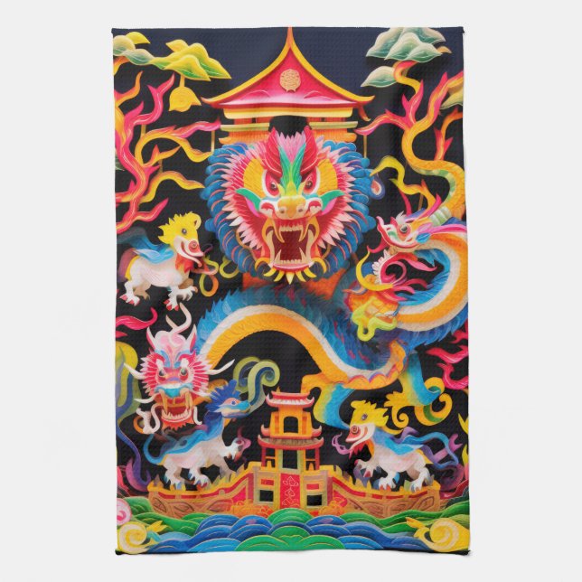 Linge De Cuisine Effet de découpe de papier stratifié Dragon chinoi (Vertical)