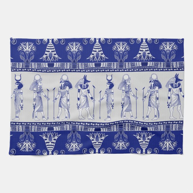 Linge De Cuisine Egyptian Gods and Ornamental border - blue grey (Horizontal)