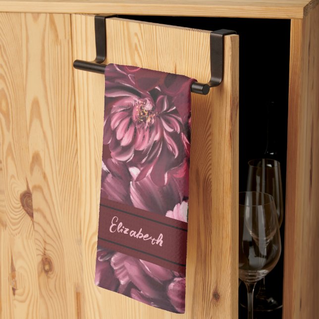 Linge De Cuisine Élégance des fleurs bordeaux (Pliage en tiers)