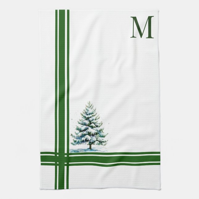 Linge De Cuisine Élégant Aquarelle Aiguille Neige Arbre Monogramme (Vertical)
