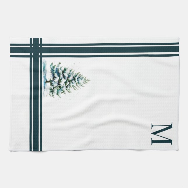 Linge De Cuisine Élégant Aquarelle Aiguille Neige Arbre Monogramme (Horizontal)