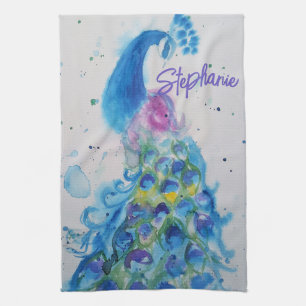 Linge De Cuisine Élégant aquarelle de paon pour femmes en couleurs