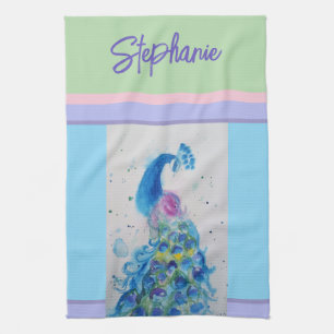 Linge De Cuisine Élégant aquarelle de paon pour femmes en couleurs
