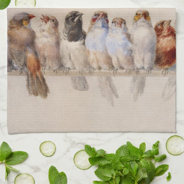 Linge De Cuisine Élégant Aquarelle Oiseaux Monogramme Nom personnal (Plié)