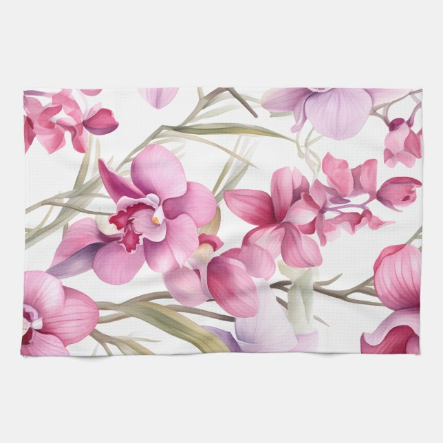 Linge De Cuisine Elégant Aquarelle Orchidées (Horizontal)