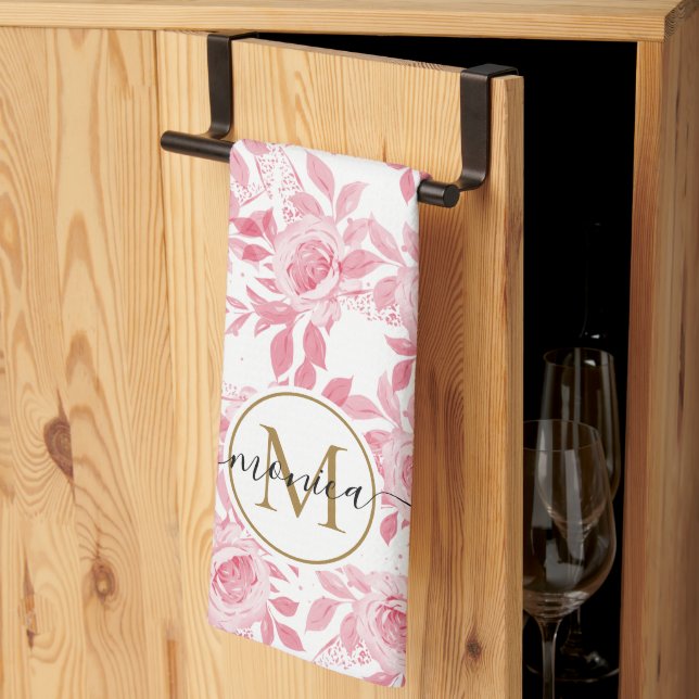 Linge De Cuisine Elégant Aquarelle rose pâle Floral Or Monogramme (Pliage en tiers)