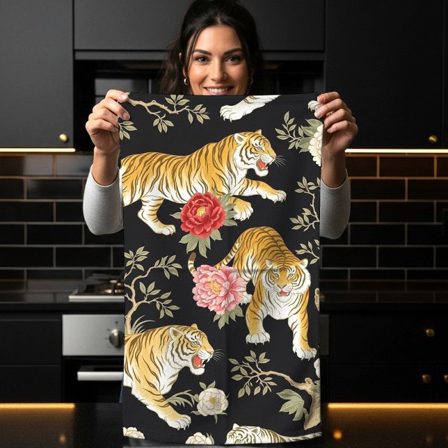 Linge De Cuisine Elegant Black Chinoiserie Tiger and Peony Pattern (Créateur téléchargé)