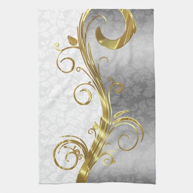 Linge De Cuisine Élégant blanc Damas brunes d'or (Vertical)