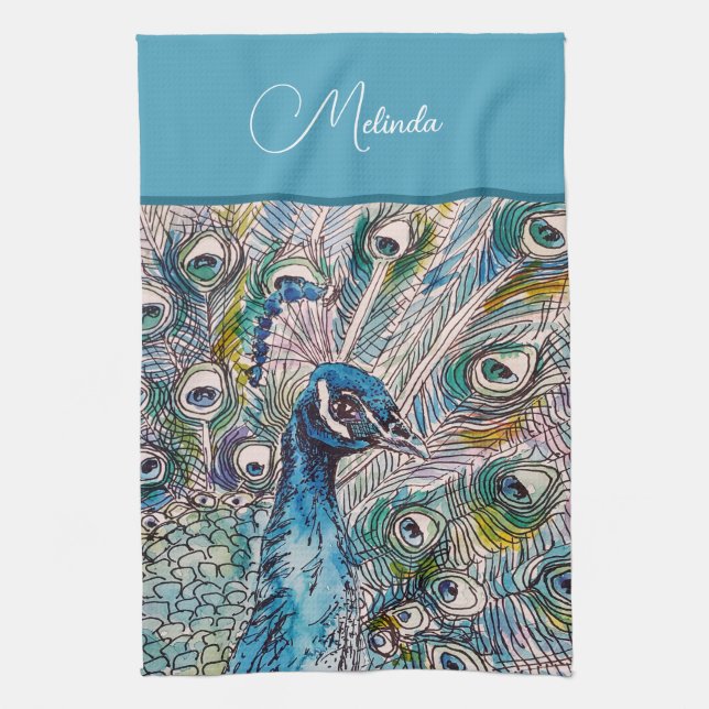 Linge De Cuisine Elégant bleu Peacock Aquarelle Art Kids Apron (Vertical)