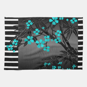 Linge De Cuisine Élégant bleu Turquoise en fleur noir asiatique Bam