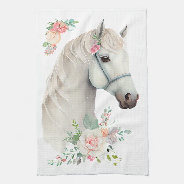 Linge De Cuisine Élégant Boho Cheval Blanc Floral (Vertical)