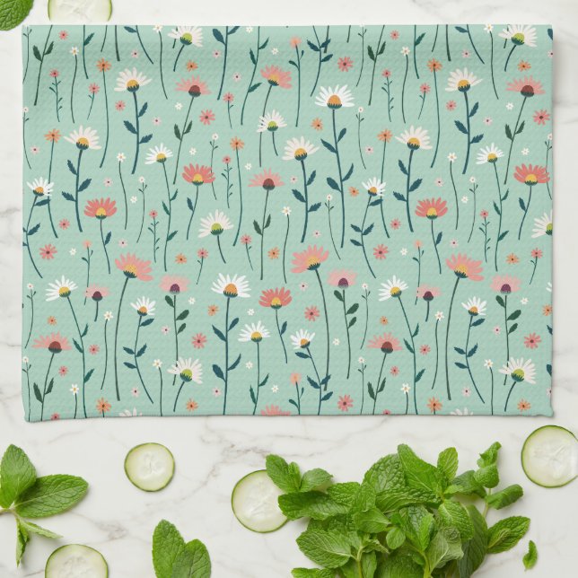 Linge De Cuisine Elégant Boho Fleur sauvage Garden Aqua Turquoise (Plié)
