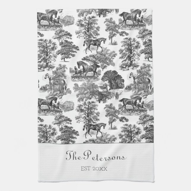 Linge De Cuisine Elégant Cheval Blanc Noir Toile Rustique Ferme (Vertical)