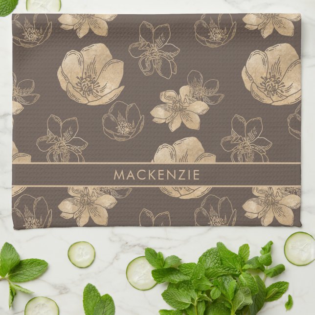 Linge De Cuisine Élégant Chic Gold Foil Motif Floral Monogramme (Plié)