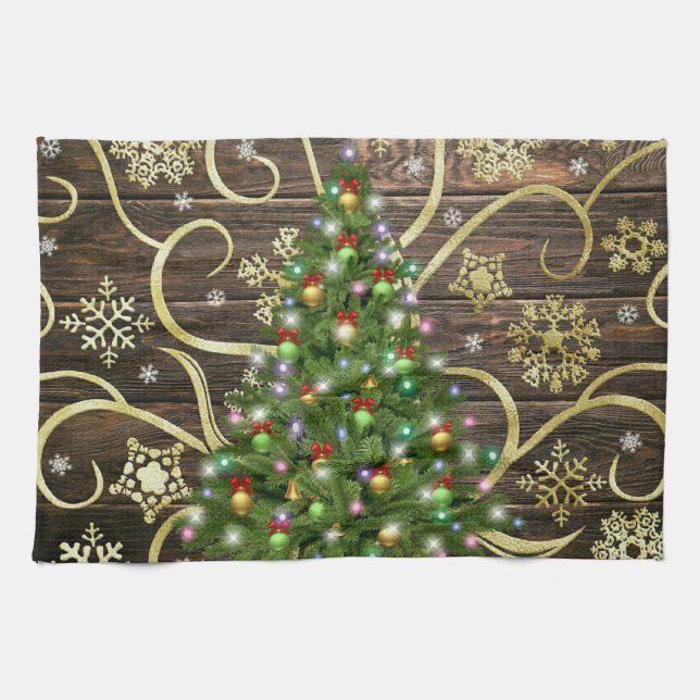 Linge De Cuisine Elegant Christmas Tree Barn Wood Gold Design (Horizontal)