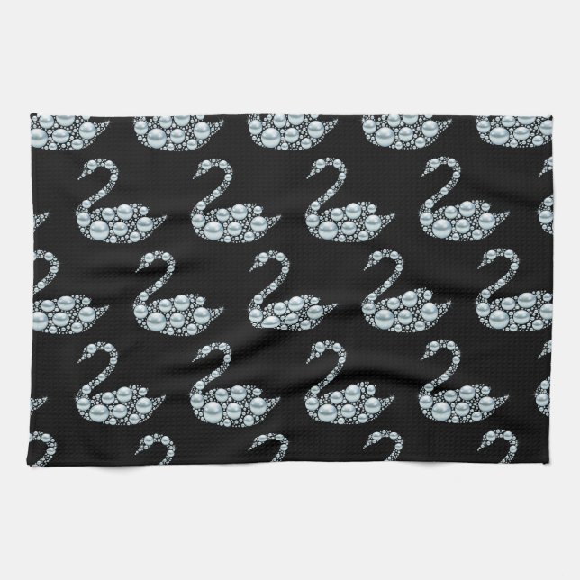 Linge De Cuisine Elégant cygne Pearl bleu sur Arrière - plan noir (Horizontal)