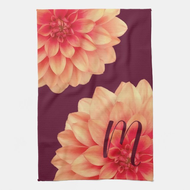 Linge De Cuisine Élégant Dahlias Orange Fleurs Bourgogne Monogramme (Vertical)