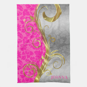 Linge De Cuisine Élégant Damas Rose Or & Argent