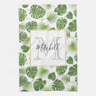Linge De Cuisine Élégant Green Tropical Feuille Motif Monogramme