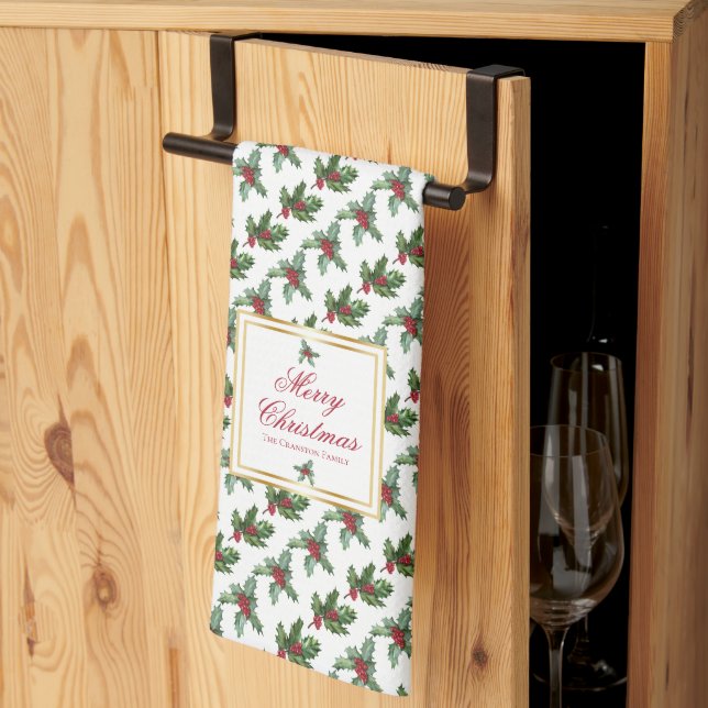 Linge De Cuisine Elegant Holly Berries Motif Noël (Pliage en tiers)