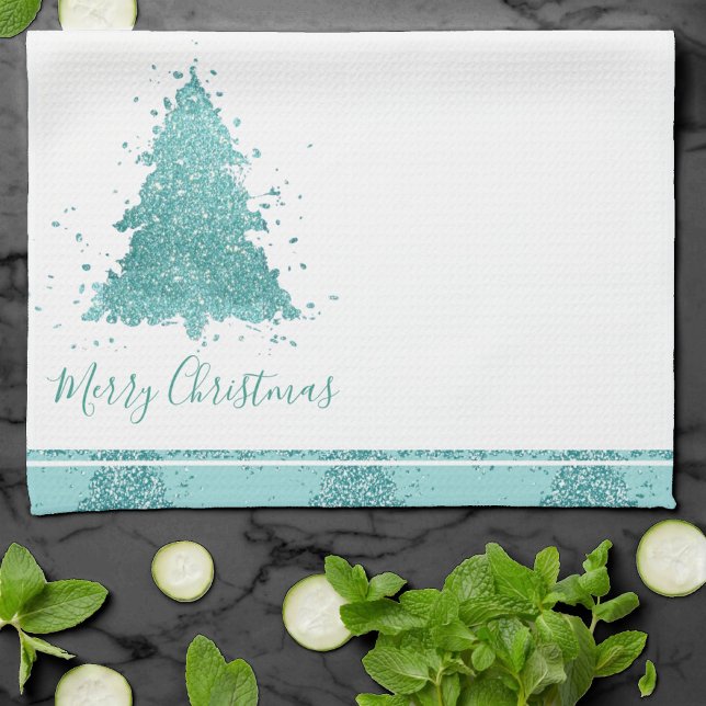 Linge De Cuisine Élégant Joyeux Noël | Luxe Aqua Mint Splatter (Créateur téléchargé)