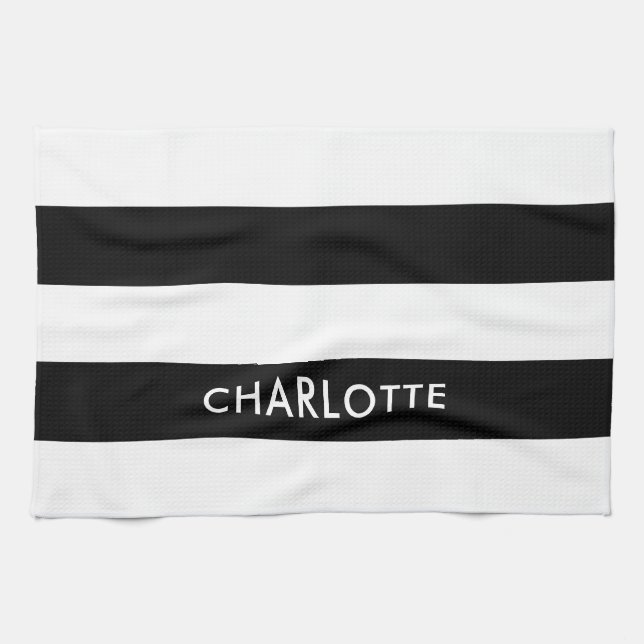 Linge De Cuisine Elégant luxe personnalisé noir et blanc rayé (Horizontal)