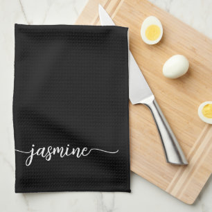 Linge De Cuisine Élégant minimaliste noir Monogramme de nom Script