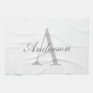Linge De Cuisine Élégant Monogramme blanc et gris