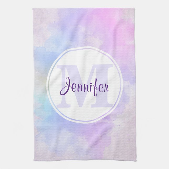 Linge De Cuisine Élégant Monogramme d'aquarelle bleu violet (Vertical)