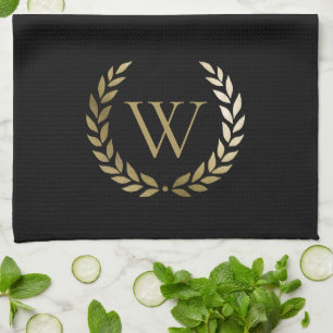 Linge De Cuisine Élégant monogramme de couronne de laurier d'or noi