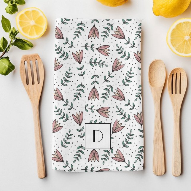 Linge De Cuisine Élégant Monogramme floral rose (Elegant Pink Floral Monogram Kitchen Towel)