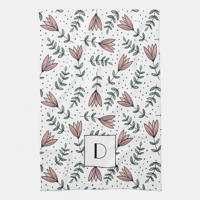 Linge De Cuisine Élégant Monogramme floral rose (Vertical)