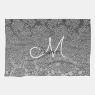 Linge De Cuisine Élégant Monogramme Gris Argent Floral Classique Mo