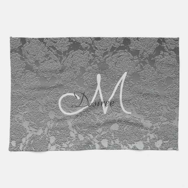 Linge De Cuisine Élégant Monogramme Gris Argent Floral Classique Mo (Horizontal)