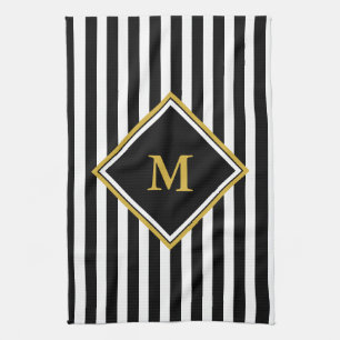Linge De Cuisine Élégant Monogramme noir blanc et or rayé