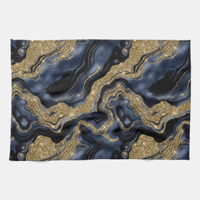 Linge De Cuisine Élégant motif agate bleu marine et doré scintillan (Horizontal)