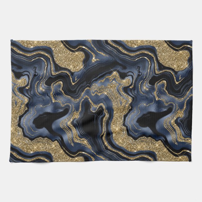 Linge De Cuisine Élégant motif agate bleu marine et paillettes doré (Horizontal)